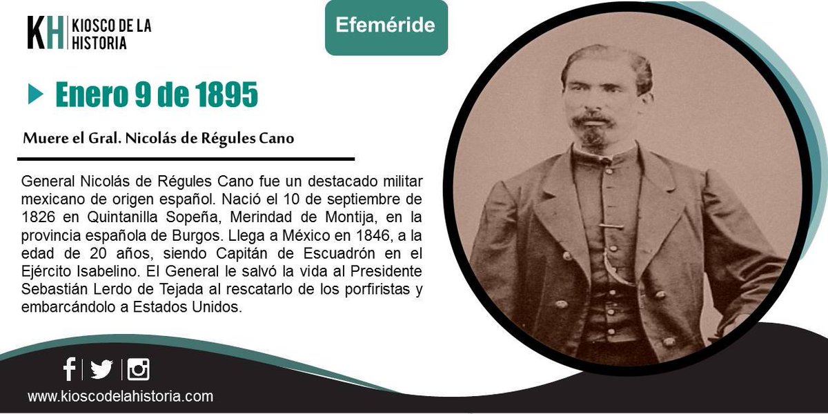El #9deEnero de 1895 muere el Gral. Nicolás de Régules Cano, fue un destacado militar mexicano de origen español.
Más y otras #Efemerides 👇
kioscodelahistoria.com/9-enero