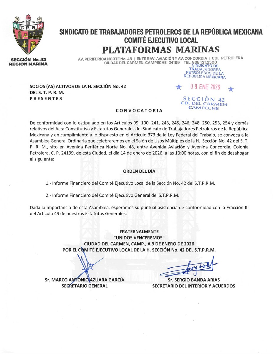 Seccion42_STPRM's tweet photo. Atención compañeras y compañeros de la Sección 42, de conformidad con lo dispuesto en nuestra Acta Constitutiva y Estatutos Generales, se emite la presente CONVOCATORIA a la Asamblea General Ordinaria de fecha 14 de enero del presente, en punto de las 10:00hrs en el Salón de Usos Múltiples de nuestra H. Sección 42.

Favor de compartir.

#SomosSTPRM 
#MásUnidosQueNunca 
#UnidosVenceremos
@lgps03101
@MarcoAzuara1