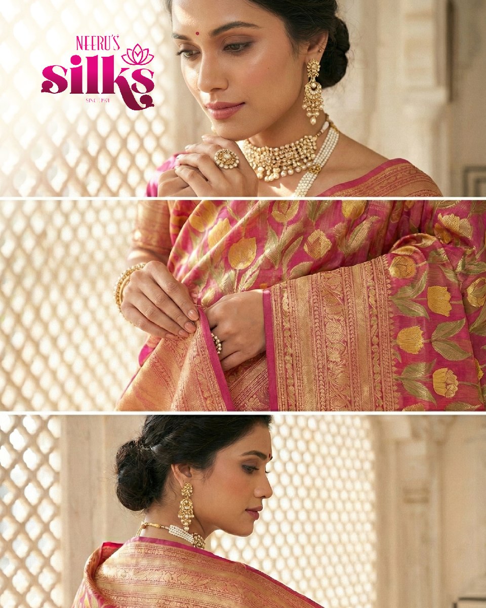 NeerusInd's tweet photo. Floral Glow ✨️

Vibrant pink hues blend seamlessly with intricate gold weaves in this richly crafted silk saree. A detailed pallu and traditional motifs add depth and character, making it perfect for festive mornings and family celebrations ✨️ https://t.co/SEiWgwAls9
