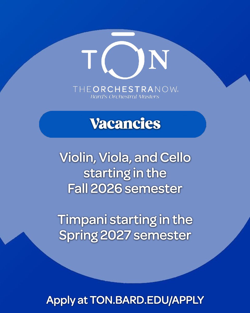 TheOrchNow's tweet photo. TŌN currently has openings for violin, viola, and cello starting in the Fall 2026 semester, and timpani starting in the Spring 2027 semester. The application deadline is January 30, 2026. Apply now at https://t.co/CiIekRxgRF https://t.co/BW34TbgOwU
