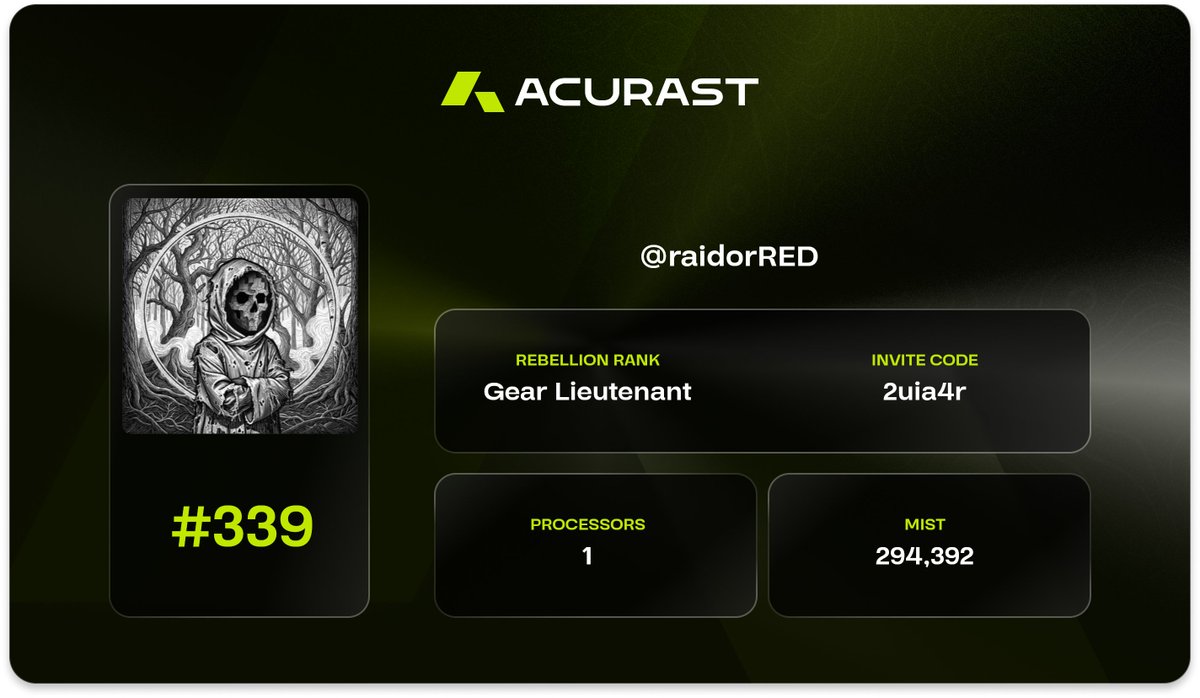 raidorRED's tweet image. I have just claimed the #339 @Acurast ID Card.

TGE is closing in, so make sure to claim yours before it's too late! rebellion-backend.acurast.com/id-card/share/… 

#depin #acurast
