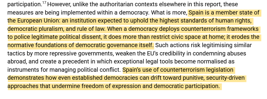 ⬛️⬜️Spain targets the peaceful Catalan self-determination movt with vague definitions of terrorism &amp; regarding state unity.

<a href="/UNPOintl/">Unrepresented Nations and Peoples Organization</a>'s submission to the UN highlights such practices, noting persecution of CDRs, Tsunami Democràtic, Valtònic &amp; Pablo Hasél. unpo.org/safeguarding-c…