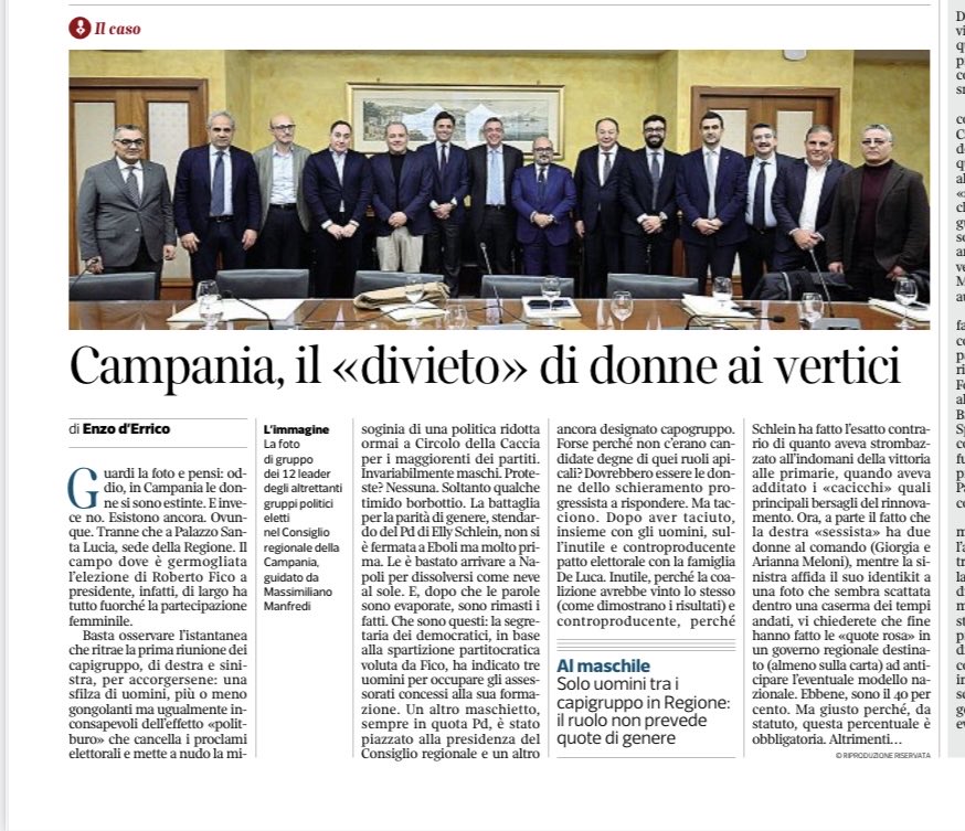 Al maschile
Solo uomini tra i capigruppo in Regione: il ruolo non prevede quote di genere. ( andiamo bene!)