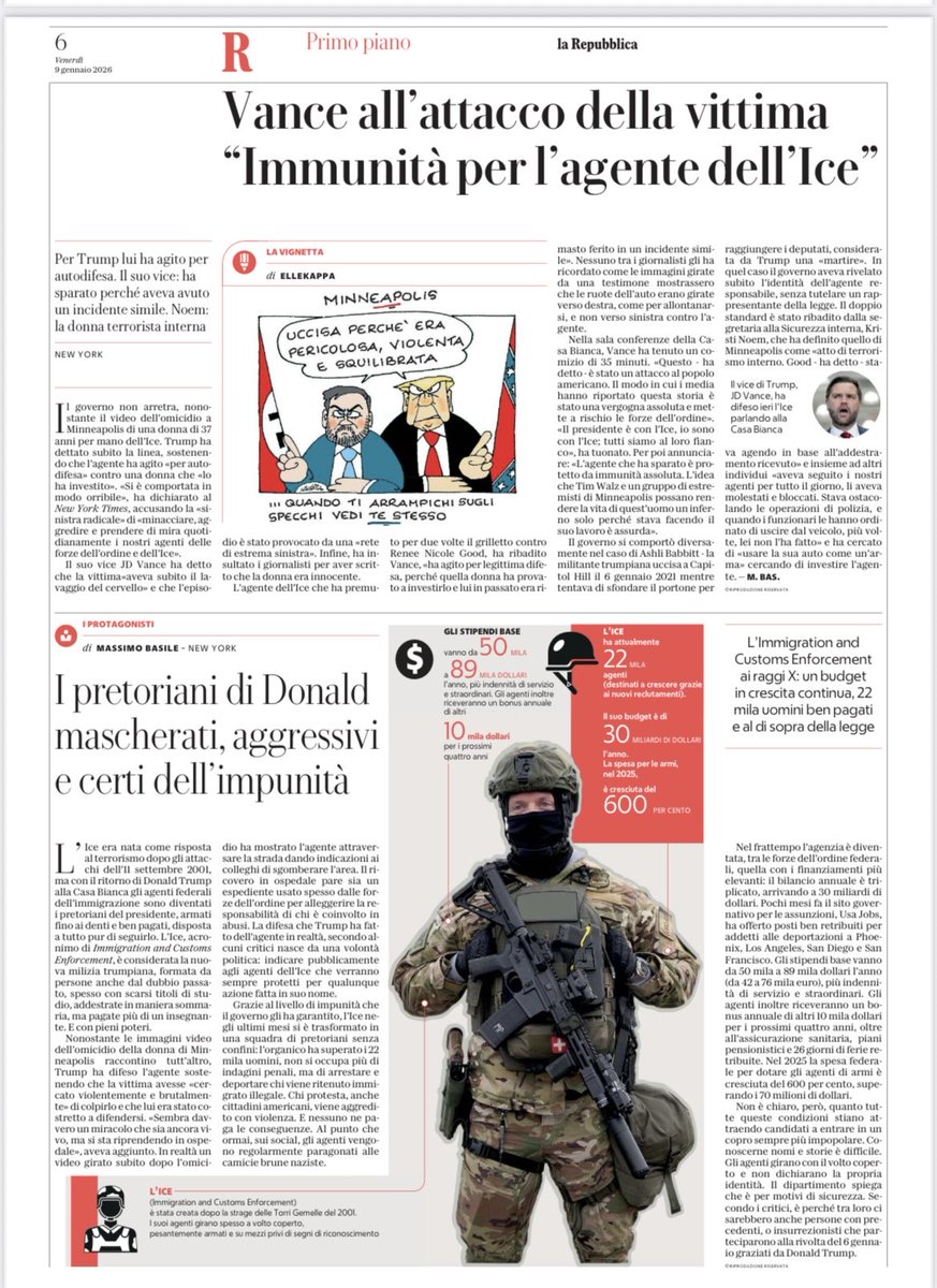 Per Trump lui ha agito per autodifesa. Il suo vice: ha sparato perché aveva avuto un incidente simile. Noem:
la donna terrorista interna.