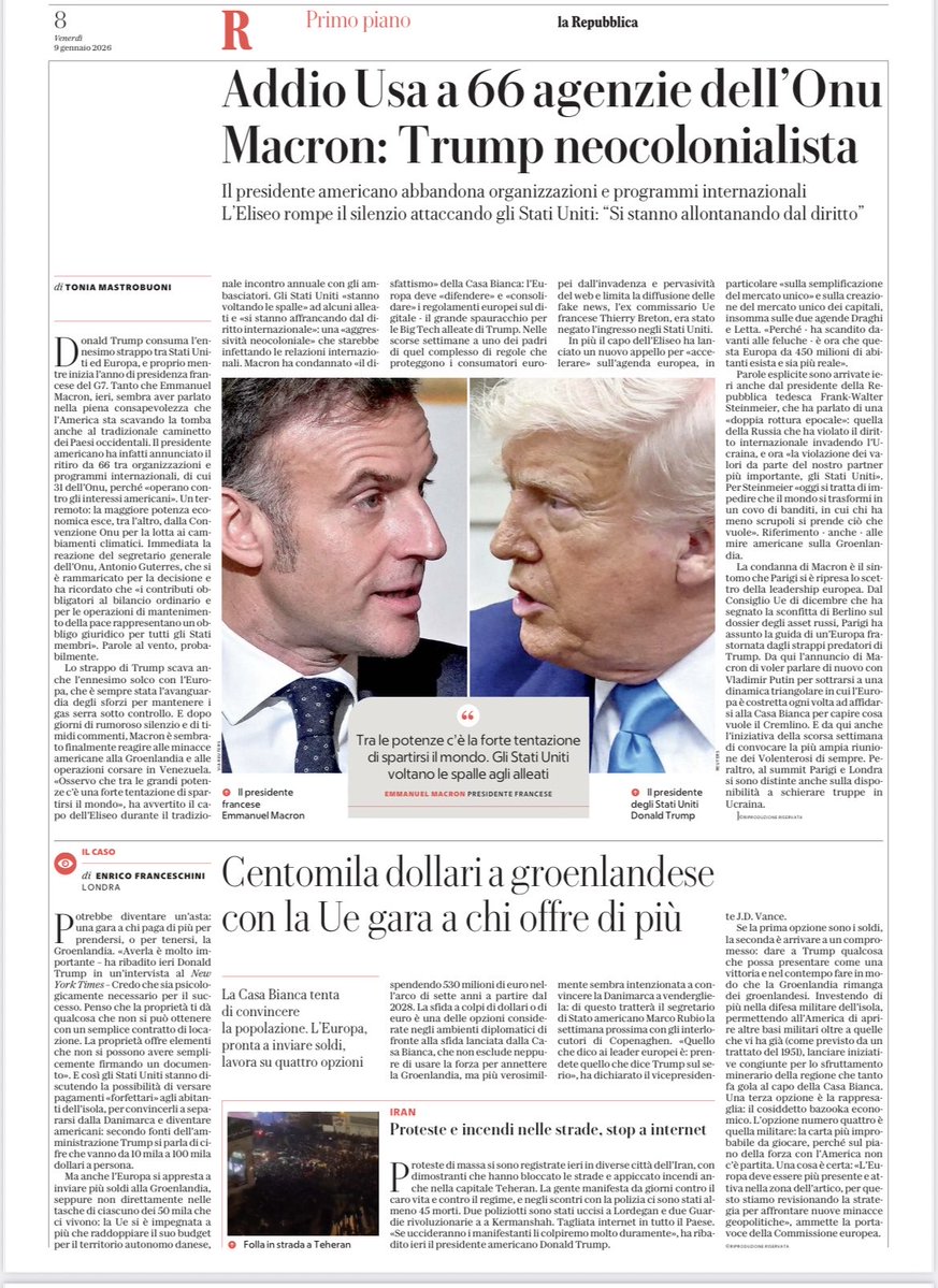 Trump neocolonialista
Il presidente americano abbandona organizzazioni e programmi internazionali. 
L'Eliseo rompe il silenzio attaccando gli Stati Uniti: "Si stanno allontanando dal diritto"