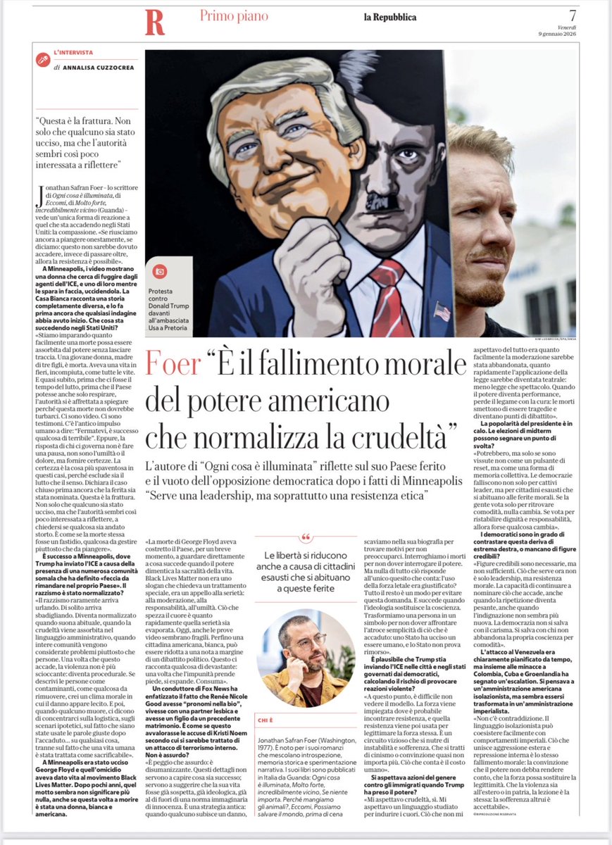 L'autore di "Ogni cosa è illuminata" riflette sul suo Paese ferito e il vuoto dell'opposizione democratica dopo i fatti di Minneapolis. 
"Serve una leadership, ma soprattutto una resistenza etica"