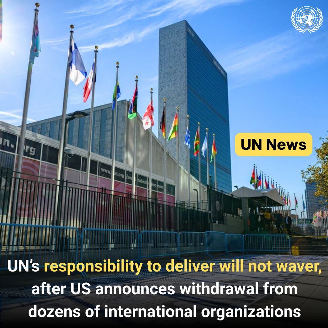 After the United States announced its withdrawal from dozens of international organizations, the <a href="/UN/">United Nations</a> underscores that its responsibility to deliver for people everywhere “will not waver.”

👉 buff.ly/us9aRok