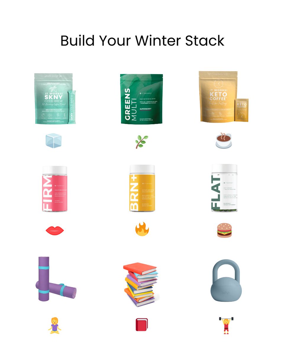 ItWorksGlobal's tweet image. Winter is in full swing and it's time to pick your perfect wellness lineup. Comment the emojis of yours! 

#WinterWellness #WellnessStack #HealthyHabits #WinterRoutine