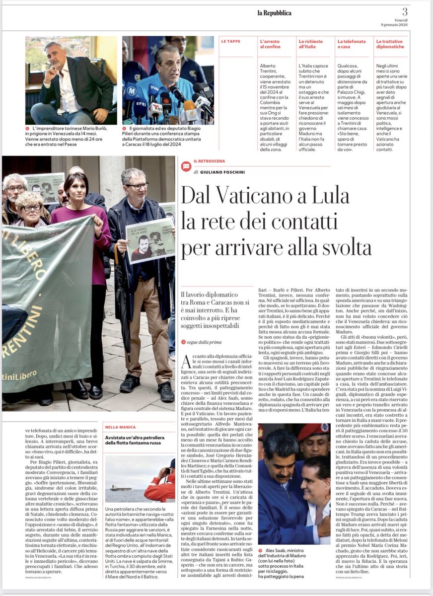 Sono un imprenditore e altri due detenuti politici, si spera per il cooperante .
Il regime venezuelano: "Fuori decine di prigionieri, gesto unilaterale di pace"