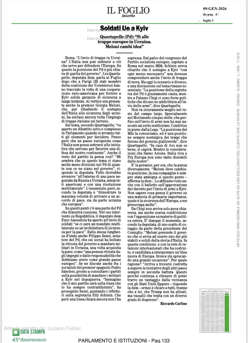 Quartapelle (Pd): "Sì alle truppe europee in Ucraina.
Meloni cambi idea"