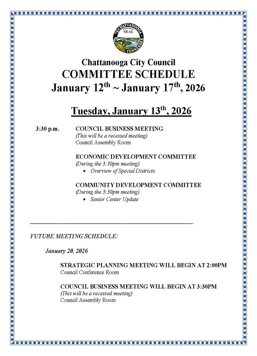 The <a href="/CouncilChatt/">Chattanooga Council</a> business and committee schedule for Tuesday, January 13th, 2026 is available now at: