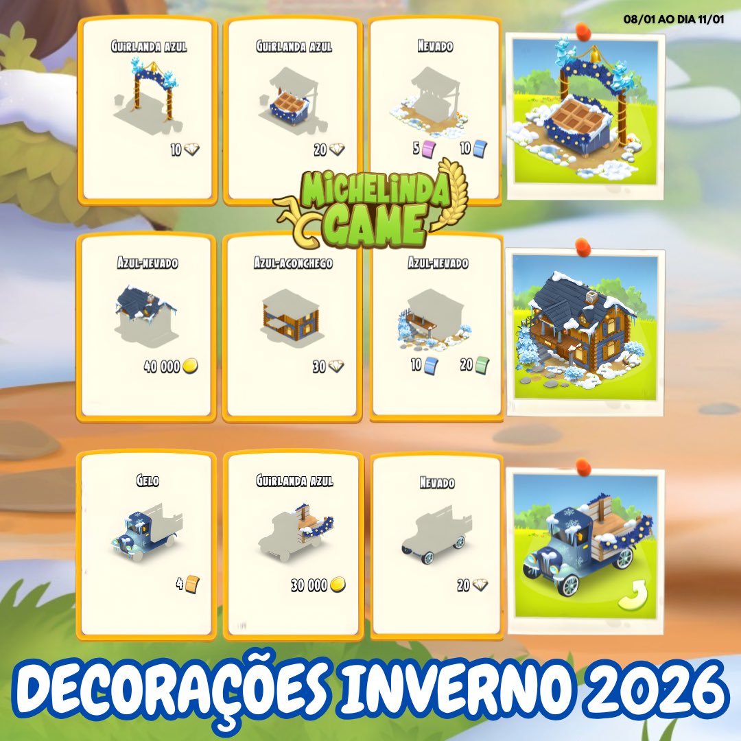 ✨ DECORAÇÕES MAGGIE INVERNO 2026 CHEGOU!

A decorações da nossa querida decorada Maggie
Chegou de 08/01 a 11/01.

Casa da conquista, Loja beira de estrada e Caminhão podem ser adquiridos e personalizados para o Inverno.

Me conta aqui se você vai comprar? 🤗 #hayday