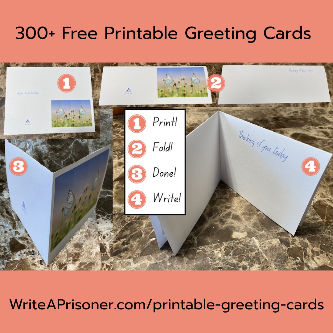 writeaprisoner's tweet image. Some prisons do not allow you to mail store-bought greeting cards. So, we provide 300+ free printable greeting cards in 14 categories that you can download and mail as letters. Send some cheer today! 🥰

writeaprisoner.com/printable-gree…