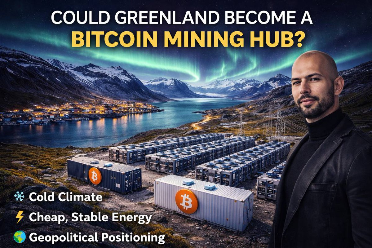 NeoChainlp's tweet image. Greenland as a #Bitcoin hub? 🇬🇱⚡️

The idea is heating up (pun intended). Proponents like Andrew Tate—and even whispers of U.S. strategic interest in 2026—suggest Greenland could be the next mining frontier.

Why the hype?❄️ Natural Cooling: Sub-zero temps = zero cooling costs…