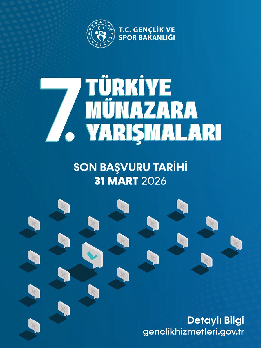 🎙️ 7. Türkiye Münazara Yarışmaları başlıyor!

Bilgin ve argümanlarınla kürsüdeki yerini almaya hazırsan seni bekliyoruz! 

🗓️ Son Başvuru: 31 Mart 2026
📍 Detaylar: genclikhizmetleri.gov.tr