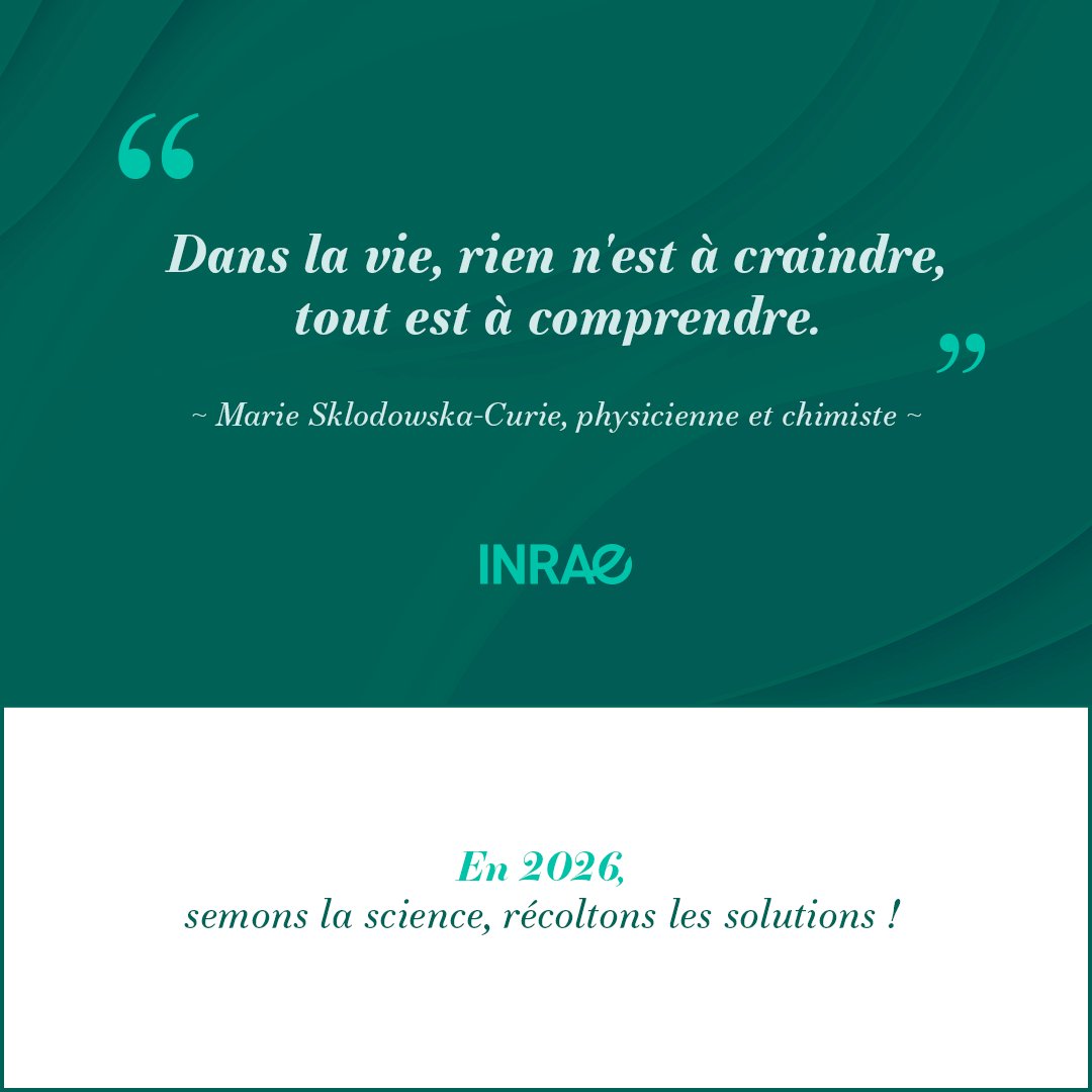 INRAE vous présente ses meilleurs vœux pour 2026 ✨

« Dans la vie, rien n’est à craindre, tout est à comprendre ». 
Cette citation de Marie Curie doit nous inspirer. Dans les crises climatiques, sanitaires et géopolitiques qui s’enchaînent et affectent durement nos agriculteurs,