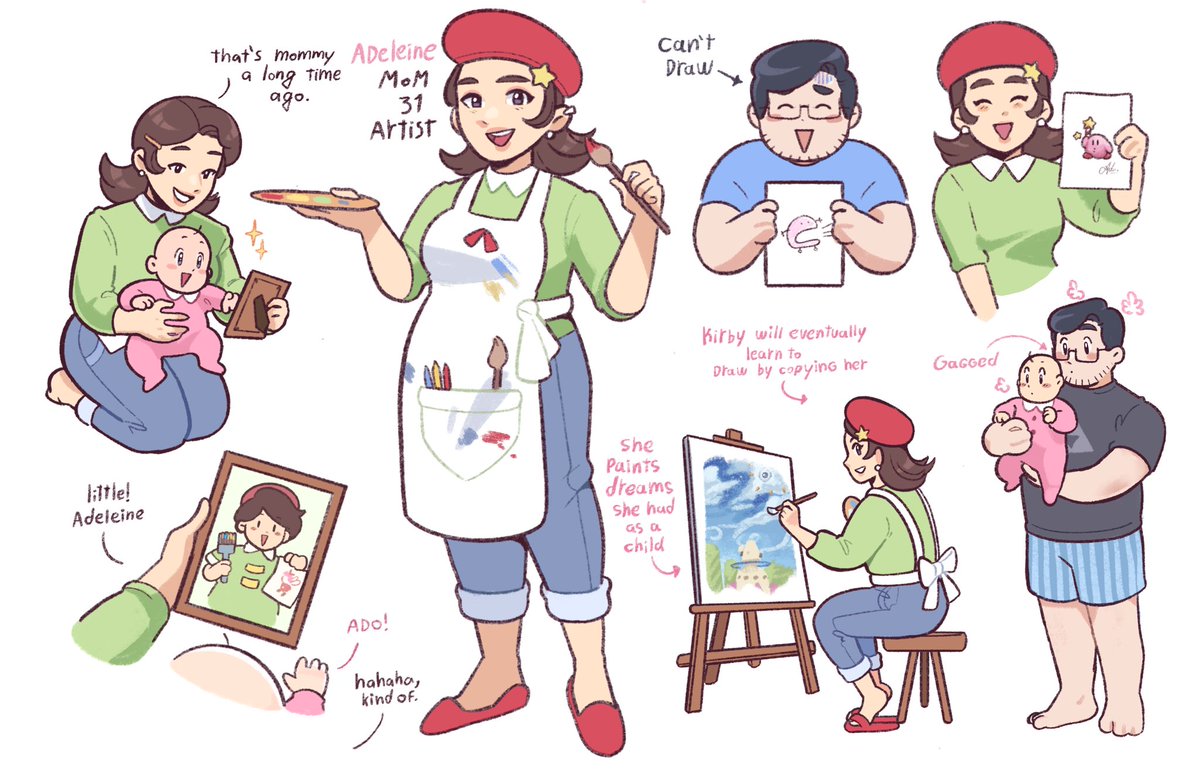 poxamarquinhos's tweet image. Kirby’s mother in my AU!
She is a talented artist, and Kirby loves watching her paint dreams and beautiful landscapes. One day, he finds an old photo and realizes she was once a child too, and starts imagining how fun it would be to be her friend back then 🥺