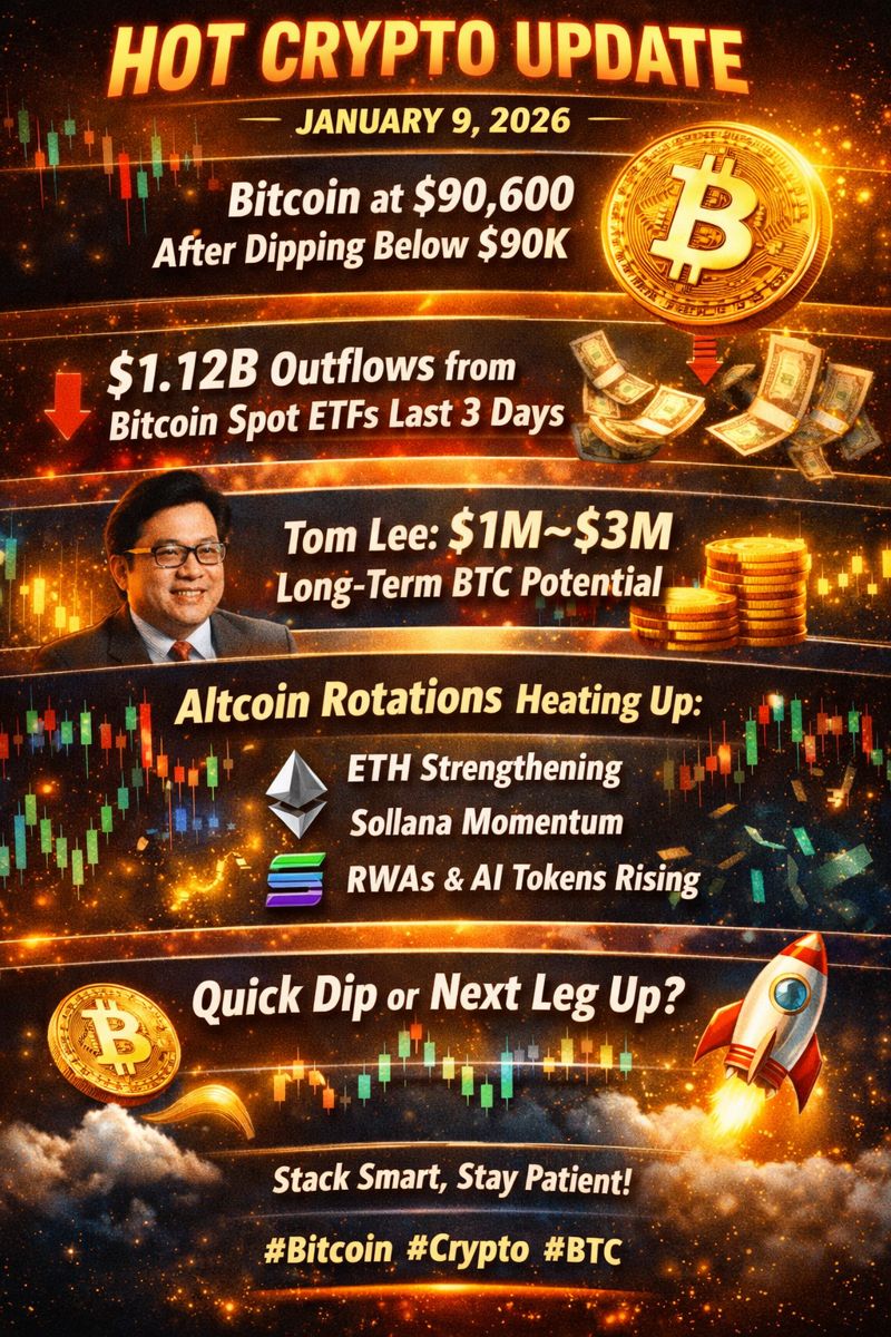 🔥 Hot Crypto Update – January 9, 2026 Bitcoin ($BTC) is holding steady  around $90,600 after briefly dipping below $90K and bouncing back. Over the  last 3 days, more than $1.12B+ has