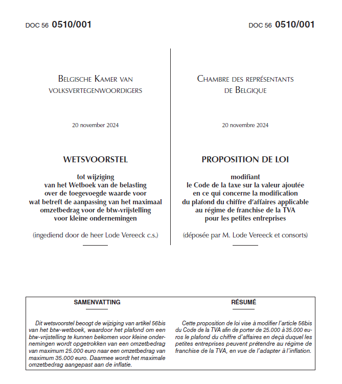 Oppositiewerk loont. In november 2024 diende ik wetvoorstel in om max. omzetbedrag voor btw-vrijstelling van kmo's te verhogen. Het voorstel werd weggestemd.

Vandaag staat het voorstel in het kmo-plan van minister Simonet. Wij zullen dit uiteraard steunen.