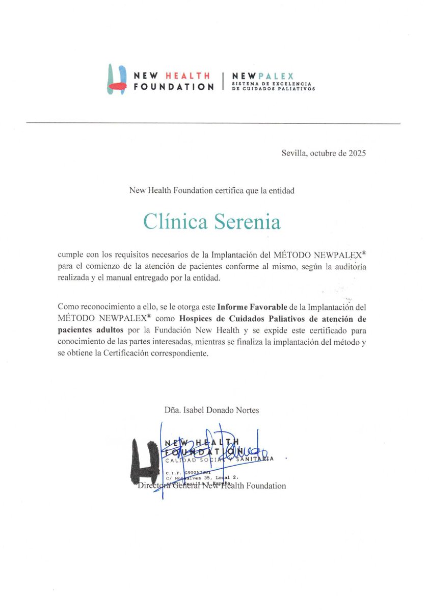 Enhorabuena a Clínica Serenia por la obtención del Informe Favorable como Hospice de Cuidados Paliativos de atención de pacientes adultos para el comienzo de la entrada de pacientes conforme al método NEWPALEX y así continuar con el proceso hacia la Excelencia.
#NEWPALEX #repdom
