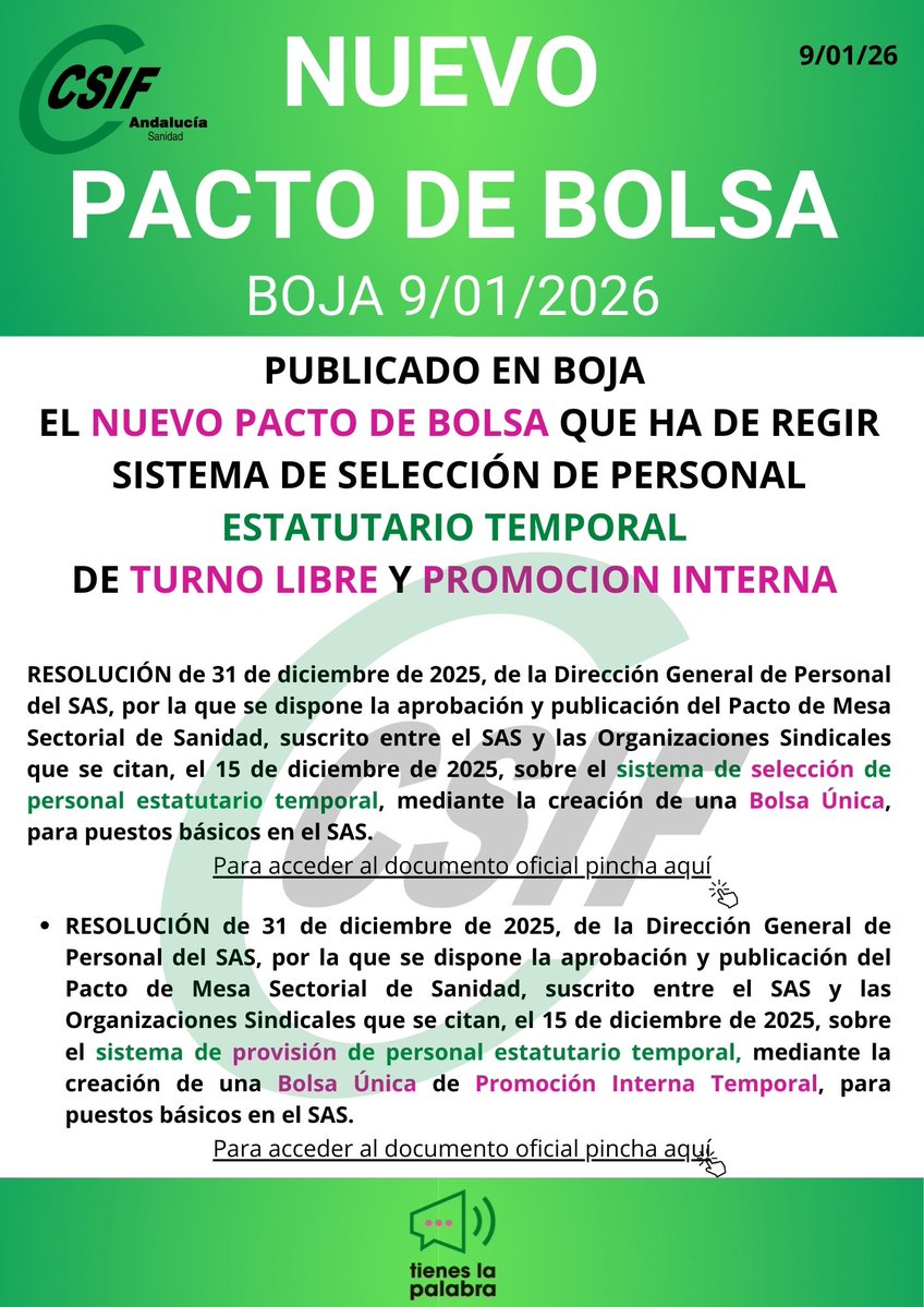 #Sanidad | ✅ Publicado en BOJA el nuevo pacto de bolsa de empleo del Servicio Andaluz de Salud. 

Este acuerdo permitirá que por fin se cree la bolsa para los grupos A1 y A2 de Función Administrativa, una reivindicación histórica de CSIF.