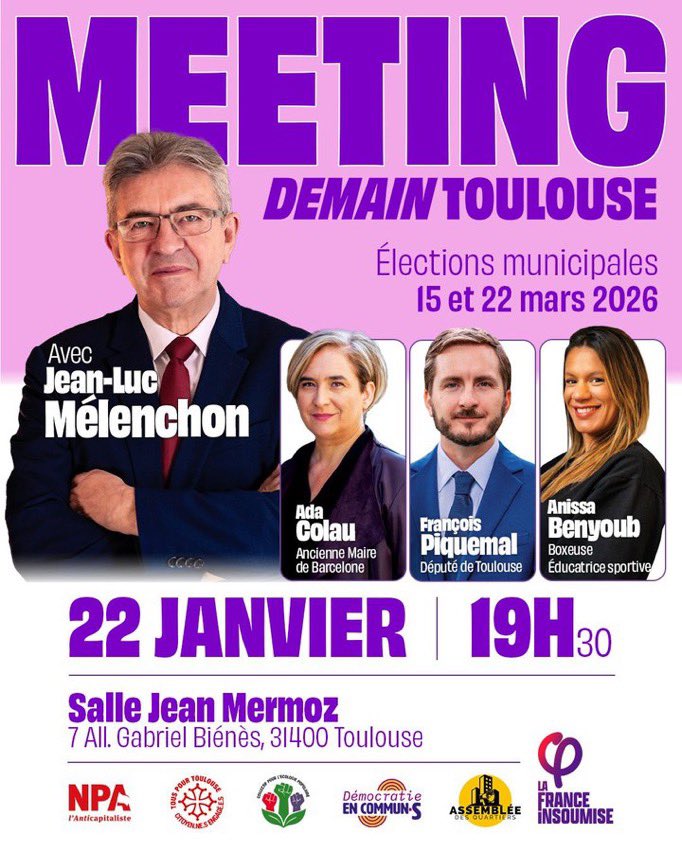 🚨 <a href="/JLMelenchon/">Jean-Luc Mélenchon</a> en meeting avec l’ancienne maire de Barcelone <a href="/AdaColau/">Ada Colau 💜🌈🔻</a> le 22 janvier pour soutenir la liste #DemainToulouse ! 

Qu’ils se tiennent prêts. Ça va déménager.