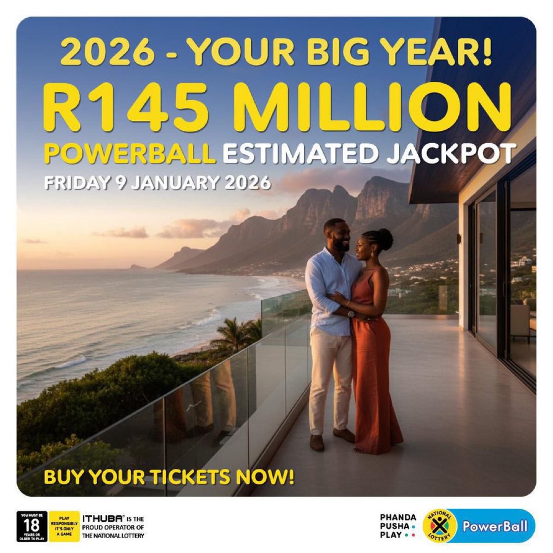 Jameschegs's tweet image. #Ad This is how an unforgettable year begins 🎉
Why wait for luck when you can take it into your own hands?

Play NOW in-store, on nationallottery.co.za, the mobile app, or via your banking apps.
#StartBIG #R145Million #PowerBallSA