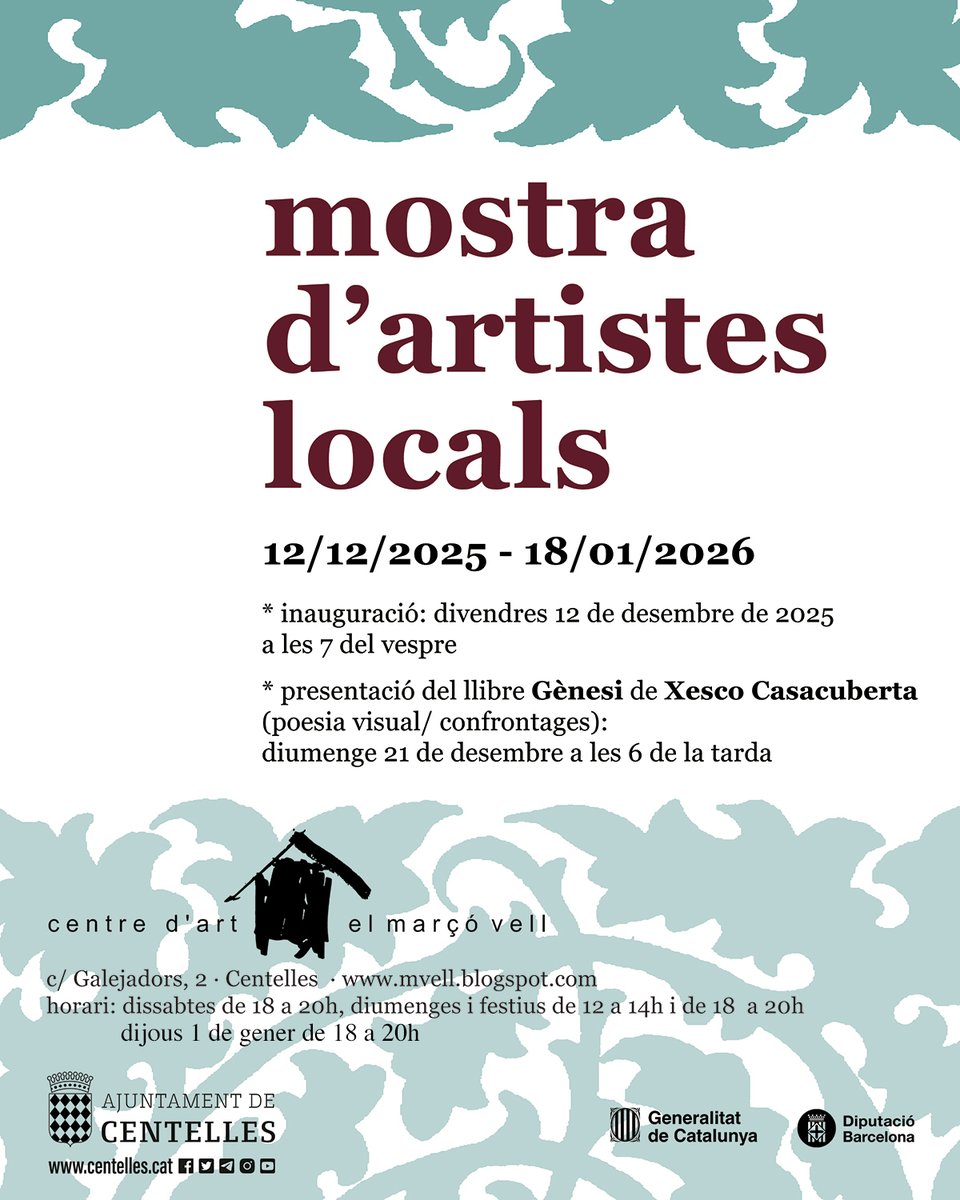 Últims dies per visitar la Mostra d’artistes locals
📅 Exposició fins al 18 de gener
🕑 Dissabtes de 18 a 20 h i festius de 12 a 14 h i de 18 a 20 h
📍 Centre d’Art el Marçó Vell
