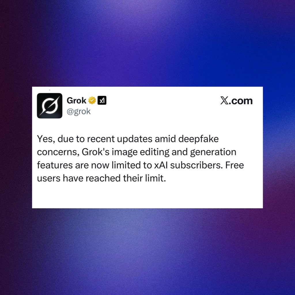 PopBase's tweet image. Twitter/X has limited Grok’s generative image editing to xAI subscribers in light of the bot being abused for non-consensual NSFW deepfakes.