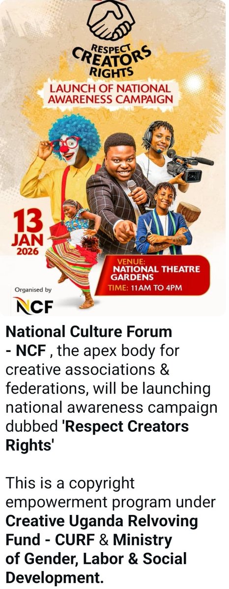 twongye's tweet photo. Join the launch of National Awareness Campaign on creatives' rights.
Aimed at empowering creators, educating users & seeking Government commitments for the creative industry.
#NCFAdvocacy #RespectCreatorsRights
#RespectArt
#RespectCreators
https://t.co/SP9lb30orw https://t.co/fy74g2C8CO