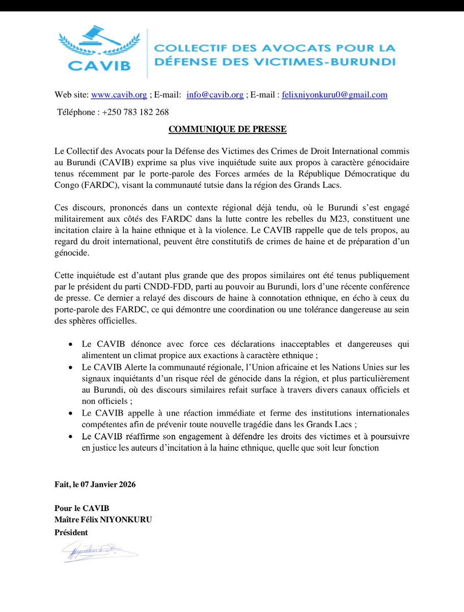 Alerte sur des discours à caractère génocidaire et risque de violences ethniques dans la région des Grands Lacs. <a href="/DefendDefenders/">DefendDefenders</a> <a href="/NtareHouse/">Ntare Rushatsi House</a> <a href="/BurundiGov/">Bureau du Premier Ministre</a> <a href="/jumuiya/">East African Community</a> <a href="/EACJCourt/">East African Court of Justice</a>