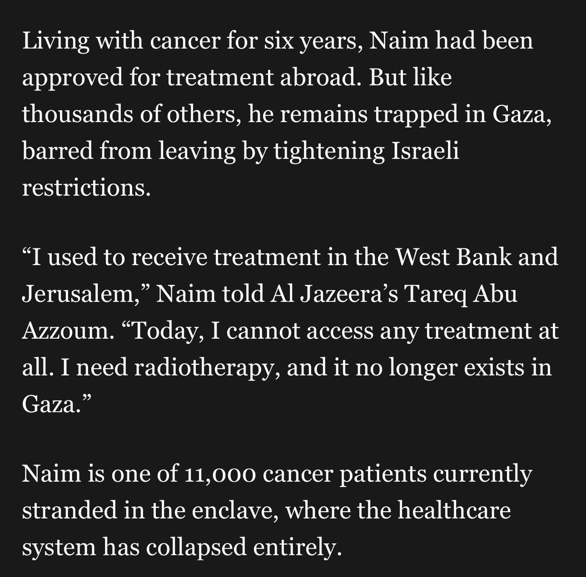 11,000 cancer patients are dying in slow agony because Israel destroyed all the hospitals, and now won’t let medical aid in, or allow the sick to leave—this is the genocidal monstrosity supported by Zionists but tell me more about how Randa Abdel-Fattah makes you feel unsafe.