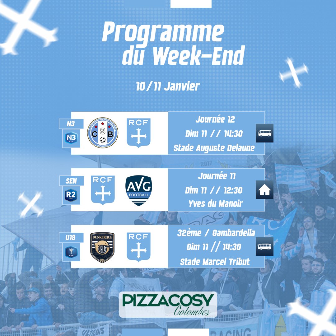 racing_cff's tweet image. Le #ProgrammeDuWeekEnd des équipes du Racing Club de France Football by Pizza Cosy de Colombes🔵⚪️

#AllezRacing #RCF