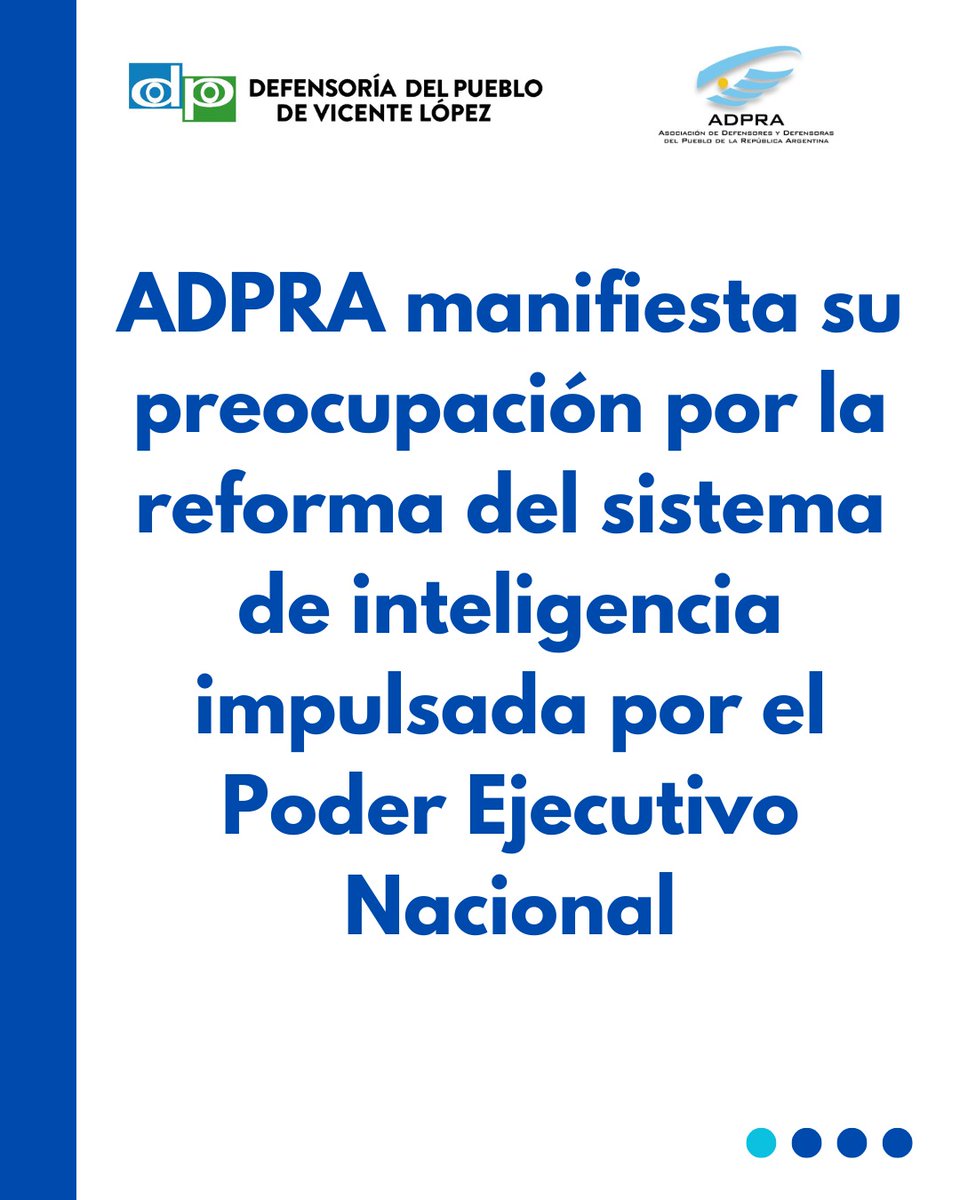 defensorvlopez's tweet image. 📨 Comunicado oficial de la Asociación de Defensorías del Pueblo de la República Argentina (@defensoriasadpra) expresa su preocupación por la reforma del sistema de inteligencia impulsada por el Poder Ejecutivo Nacional.