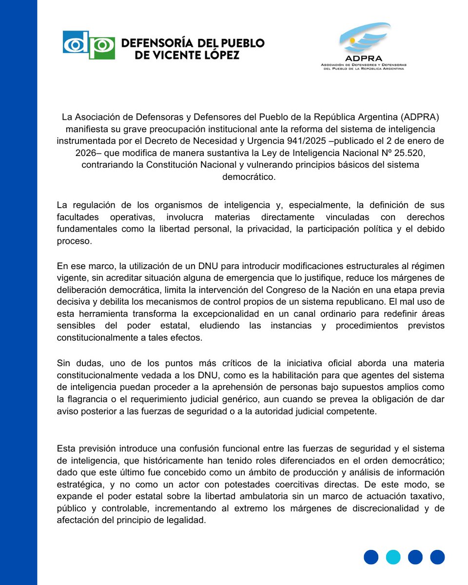 defensorvlopez's tweet image. 📨 Comunicado oficial de la Asociación de Defensorías del Pueblo de la República Argentina (@defensoriasadpra) expresa su preocupación por la reforma del sistema de inteligencia impulsada por el Poder Ejecutivo Nacional.