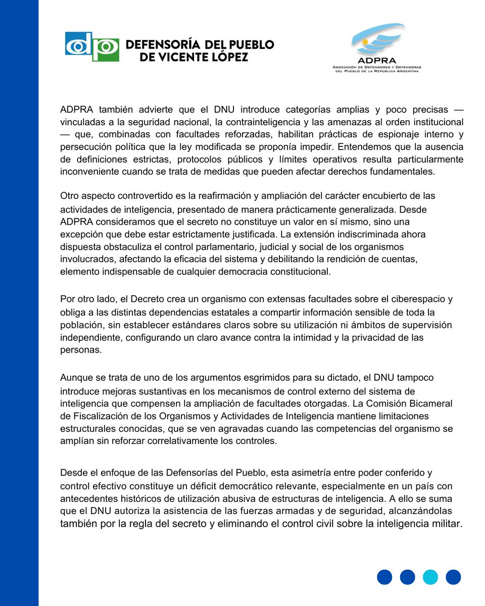 defensorvlopez's tweet image. 📨 Comunicado oficial de la Asociación de Defensorías del Pueblo de la República Argentina (@defensoriasadpra) expresa su preocupación por la reforma del sistema de inteligencia impulsada por el Poder Ejecutivo Nacional.