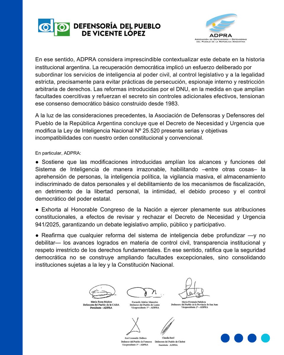 defensorvlopez's tweet image. 📨 Comunicado oficial de la Asociación de Defensorías del Pueblo de la República Argentina (@defensoriasadpra) expresa su preocupación por la reforma del sistema de inteligencia impulsada por el Poder Ejecutivo Nacional.
