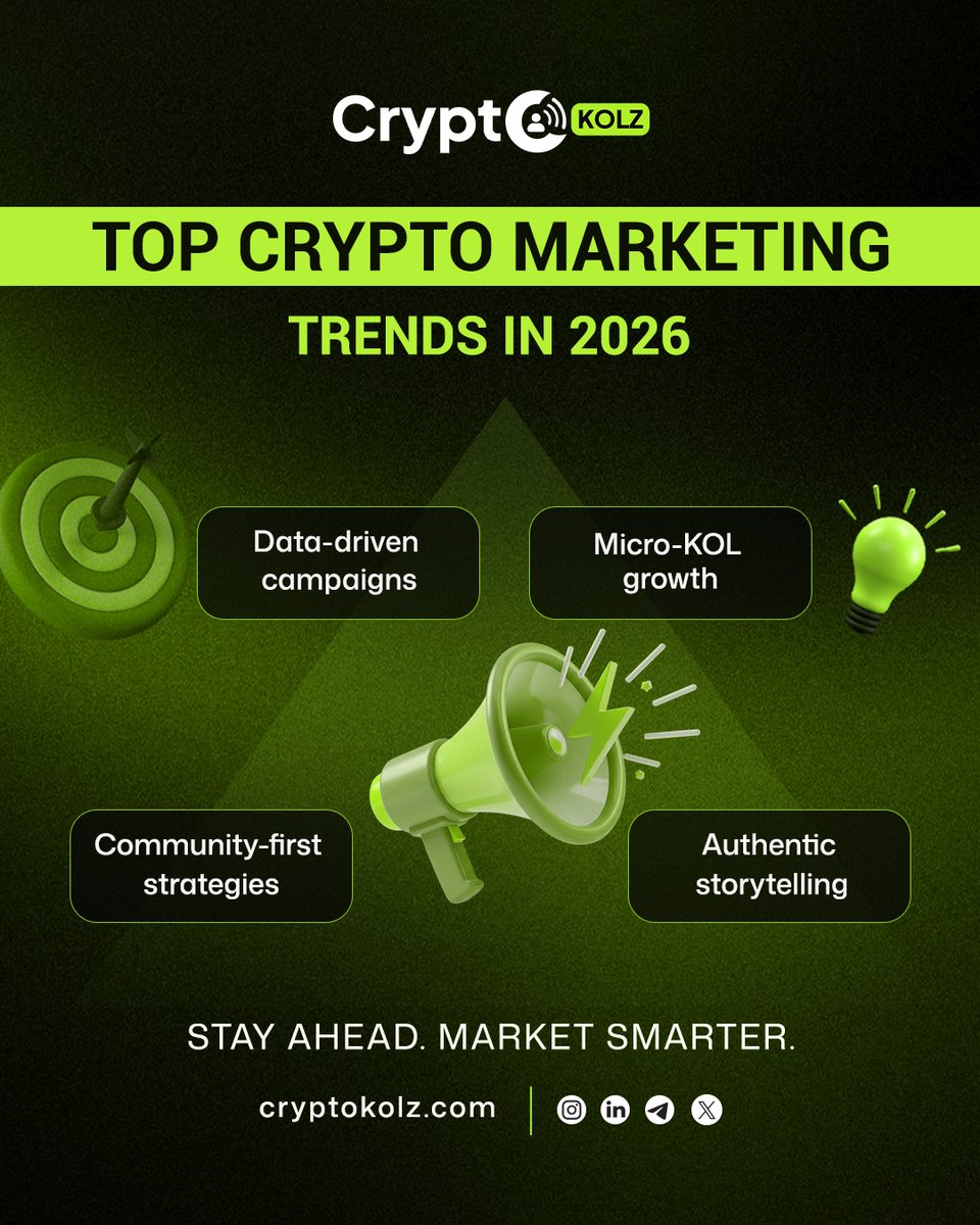 Top Crypto Marketing Trends in 2026 Data-driven campaigns Micro-KOL growth  Community-first strategies Authentic storytelling Stay ahead. Market  smarter. 👉 https://t.co/RQrlIAV9lr #CryptoMarketing #Web3 #KOL #Blockchain  #GrowthMarketing #DigitalStrategy