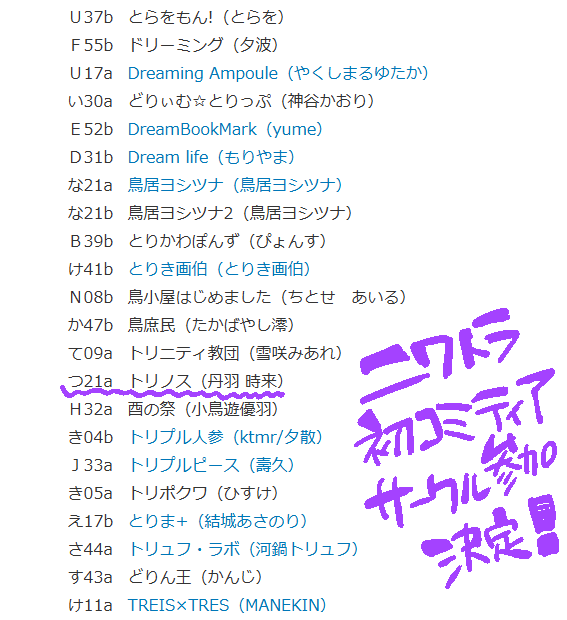 【宣伝】
2月22日(日) COMITIA155の
抽選に当選しました!
サークル参加しますのでよろしくお願いいたします!
また近づいてきましたらお品書き等の告知をします!!

大好きなコミティア! 行くぞ～～～～～～～～～! 