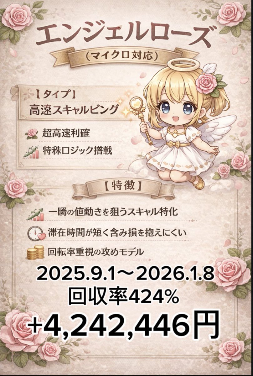 jewelry2028's tweet photo. 🌺 エンジェルローズ
【マイクロ口座対応／爆伸び実績】ooo

🔥 50万円 → 1,000万円達成
実際の稼働者様が作り上げた “再現性の高い最強設定” を完全収録。

🌈 エンジェルローズが選ばれる理由

🔧 フルカスタム対応（完全オプション制）
あなたの資金・スタイルに合わせて最適化可能！
•📅 経済指標時のみ自動停止
•🌃 ロンドンフィックス後は自動停止で安全性UP
•🔄 24時間稼働もOK（低リスクモード搭載）

⚙️ カスタム可能な主要設定
1.💥 損切り金額
2.📏 ナンピン間隔（インターバル）
3.🗓 曜日・時間別の細かい稼働制御
4.🔃 順張り／逆張りを自由に切替
5.🇺🇸 米国指標時の自動停止で大事故回避
6.🚪 早逃げ（利確）設定で利益確保が抜群に上手い

あなたの運用スタイルが、そのままEAの性能に反映されます。

📈 運用スペック（GOLD／XAUUSD）
•対応口座：スタンダード / マイクロ
•想定月利：100%〜300%
•耐久力：約400pips
•手法：高速スキャルピング（1分足）

※安定性重視＋爆益モードの両立を実現。

💰 推奨証拠金 & ロット数

マイクロ口座
•10万〜 → 0.1〜0.3

スタンダード口座
•100万〜 → 0.01〜0.03
（最大でも0.03までを推奨）

🧭 運用アドバイス（重要）
•✅ 月末・月初は停止
•✅ 金曜日は当面の間、持ち越しなし
•✅ ロット調整は慎重に（上限0.03目安）

「とにかく安全に、でも確実に増やしていきたい」
そんな方にこそ使っていただきたいEAです。

すでに結果を出している稼働者様が見つけた
“勝ちパターンそのもの” をあなたにも提供します。

📩 詳しい設定・最新版はLINEオプチャでご案内中！
参加はこちら. https://t.co/ErGkinejzM

#ab
ドル円/ゴールド/ロング/