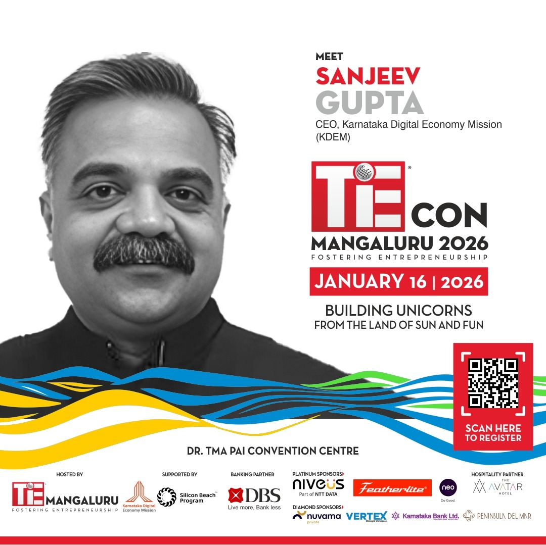 TiEMangaluru's tweet photo. Welcoming Sanjeev Gupta, CEO, Karnataka Digital Economy Mission (KDEM), to TiECon Mangaluru 2026.
π Dr. TMA Pai International Convention Centre,Mangaluru
π January 16,2026
π https://t.co/S1tfyNVmVn
#TiEIXE #StartupEcosystem https://t.co/tFuWTM1BqX