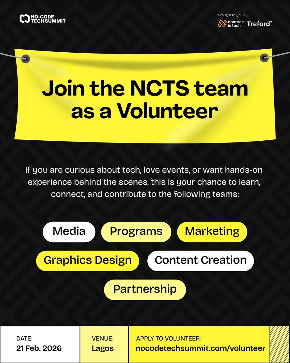 nocodesummit's tweet photo. NCTS is looking for passionate, reliable, and driven individuals to join our volunteer team as we prepare for this year’s summit.
If you’re interested in gaining hands-on experience, working with an amazing team, and contributing to something impactful, this is for you.

Apply via https://t.co/x0Nyq7fLms

Please note that ONLY qualified applicants will be contacted.

#NoCodeTechSummit #TechEvents #NCTS3 #TechAwards #NCTSLegacyEvent