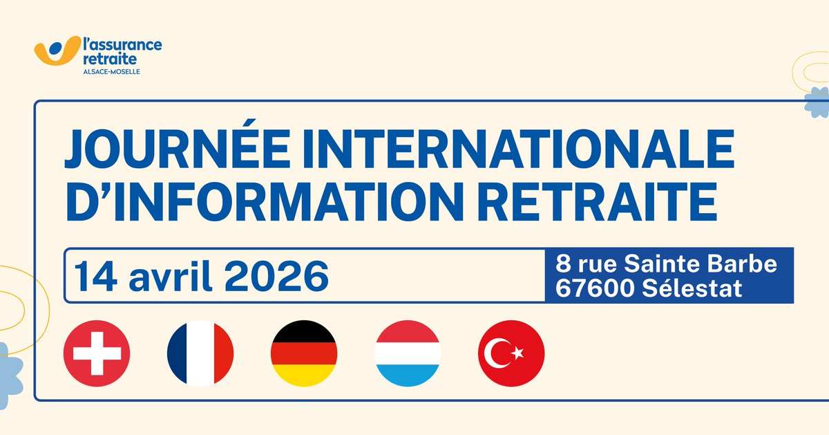 Vous avez travaillé en France, Allemagne, Suisse ou au Luxembourg ?
📅 Le 14 avril à Sélestat, c'est l'occasion d'une rencontre avec des conseillers de ces pays et de l'<a href="/AgircArrco/">Agirc-Arrco</a>, organisée par la <a href="/Carsat_AM/">Carsat Alsace-Moselle</a> !
✅ Inscription 👉 smartagenda.fr/pro/carsat-am/…