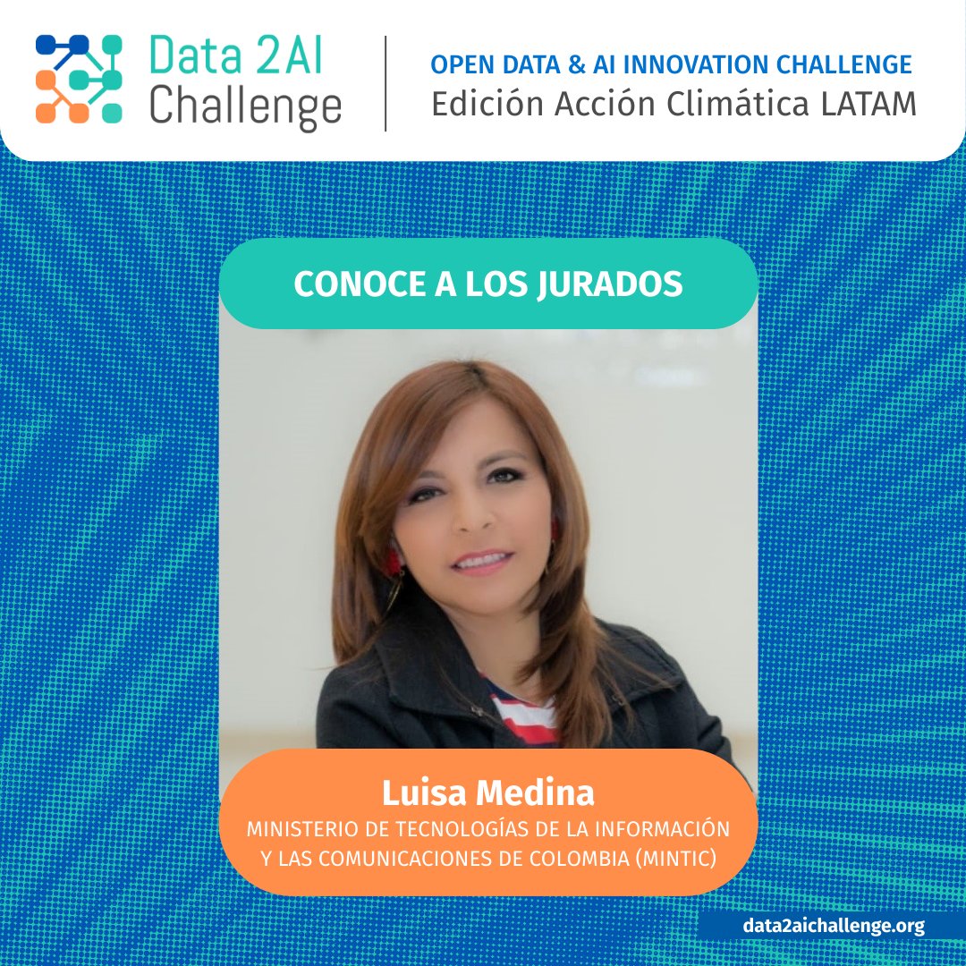 opendatacharter's tweet photo. #Colombia + #Uruguay |

📣 ¡Luisa Medina (@LuisaMedinaTIC) se une al jurado del #Data2AIChallenge!

Desde su papel como asesora del Viceministerio de Transformación Digital del @Ministerio_TIC, evaluará ideas climáticas dateras para 🇨🇴 y 🇺🇾

👉 https://t.co/mfeNwHm3xo https://t.co/jLFgWMJWLR