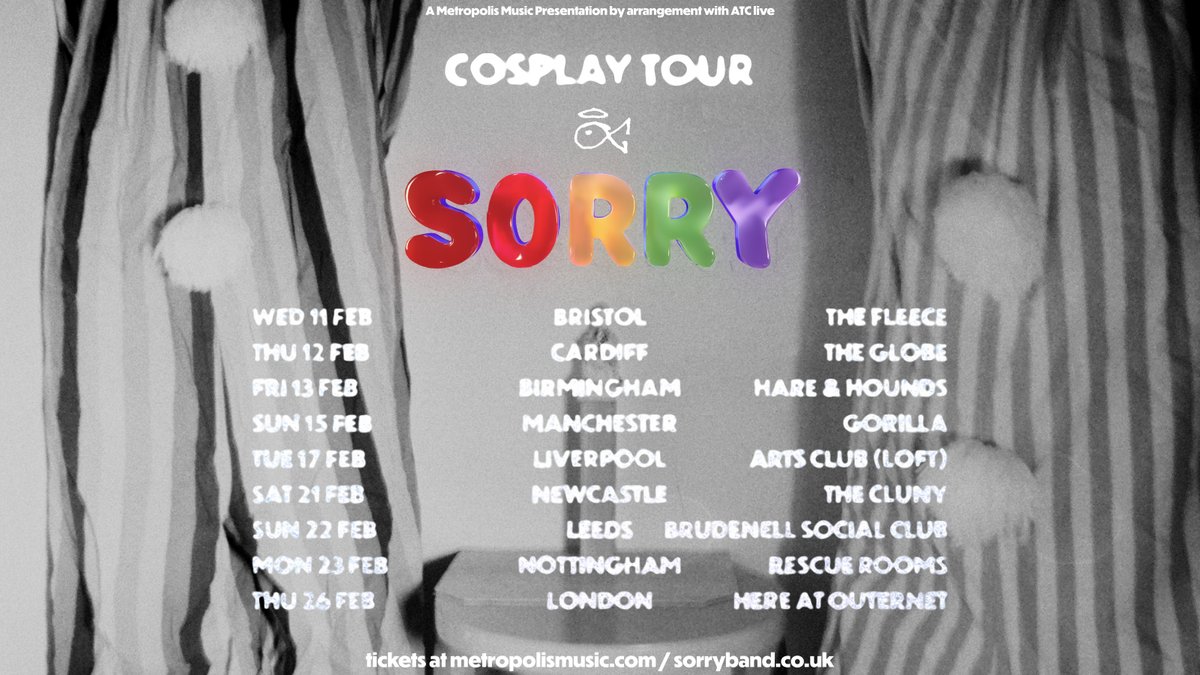 MetropolisMusic's tweet photo. NEXT MONTH >>  @sorrybanduk will play shows across the country, in support of their new album ‘COSPLAY’ 💙
 
Book tickets 👉 https://t.co/ZQnfzmfFlg https://t.co/93XF7sRfcK
