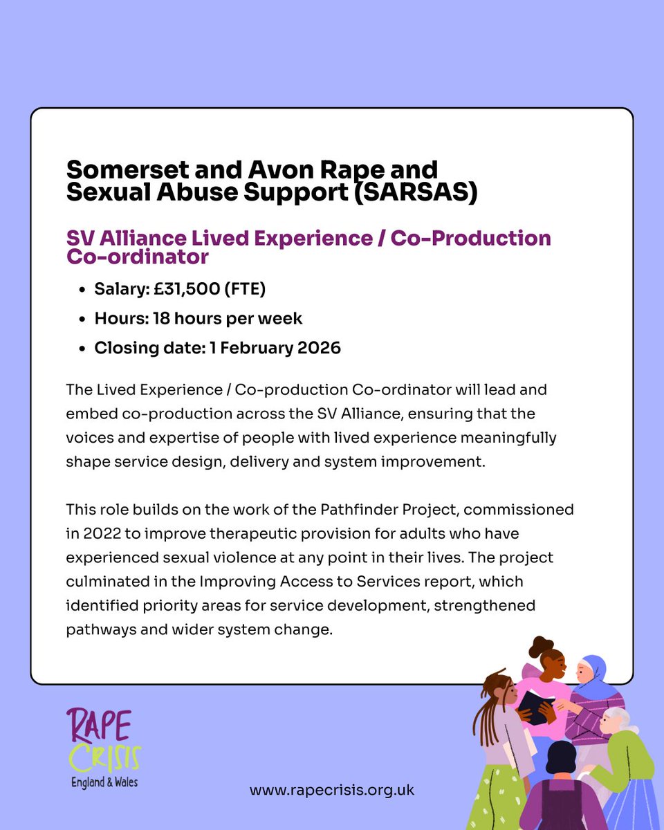 RapeCrisisEandW's tweet photo. If you're looking to make a difference in 2026, this post might interest you.

Here are some job and volunteering vacancies available at some of our specialist Rape Crisis centres.

For more vacancies and details, visit: https://t.co/dzRveUx2WA https://t.co/GRuYL1RHJx