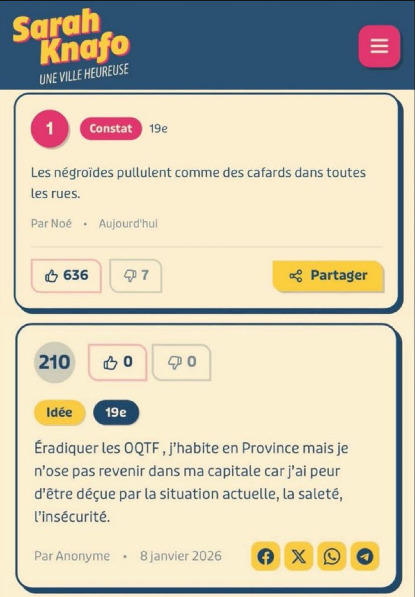 AlertesRacisme's tweet image. 🇫🇷🗳️ - « Les NÉGROÏDES pullulent comme des cafards » : la candidate Reconquête aux municipales Sarah Knafo au coeur d’une polémique après l’apparition de « contributions » RACISTES sur son site de campagne.

Le sénateur @IanBrossat a signalé ces faits à la justice. Merci à lui.