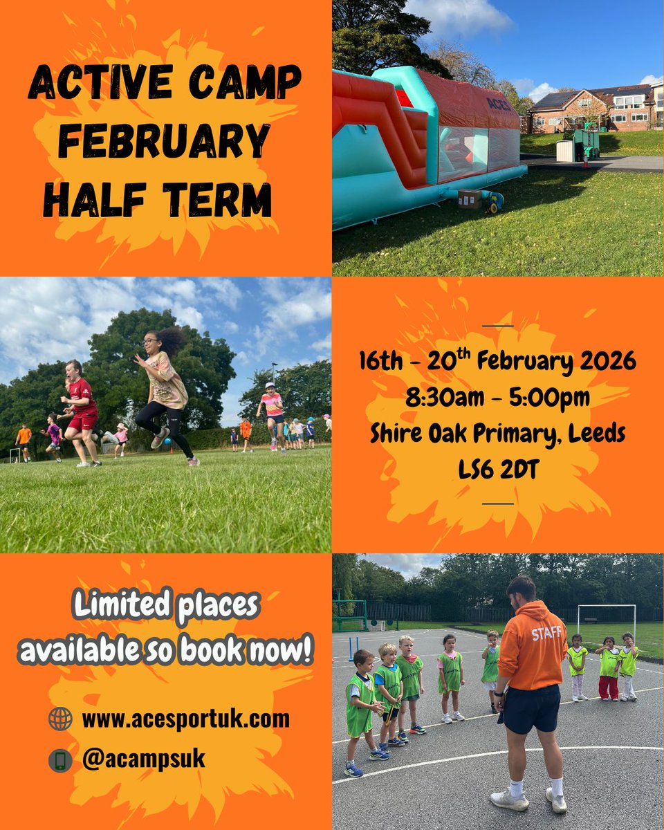 ACamps_uk's tweet photo. BIG smiles. ACTIVE kids. 🧡

Our ACamps Active Camp is the perfect way to keep children moving, social, and smiling this February!
📍 Shire Oak Primary, Leeds
🗓 16–20 Feb 2026
🔥 Fun themes | Expert coaches | Lots of activities

🔗 Book here: https://t.co/yQYyXKpFbH https://t.co/B1nxECq6oX