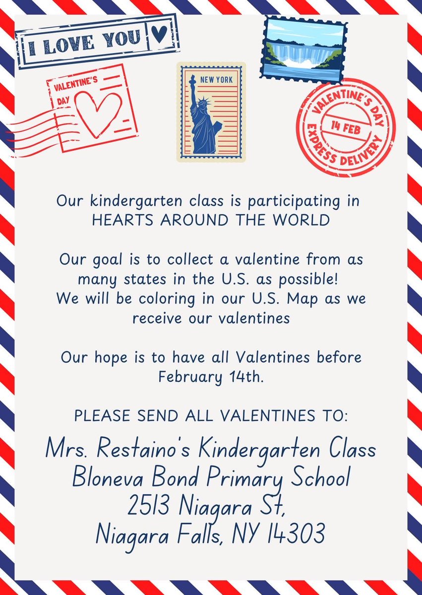 NSSElementary's tweet photo. Mrs. Restaino's kindergarten class is once again participating in Hearts Around the World and is hoping to receive Valentines from people across the country! Please spread the word if you or anyone you know would like to send them a Valentine. https://t.co/2OhaOTnZOJ