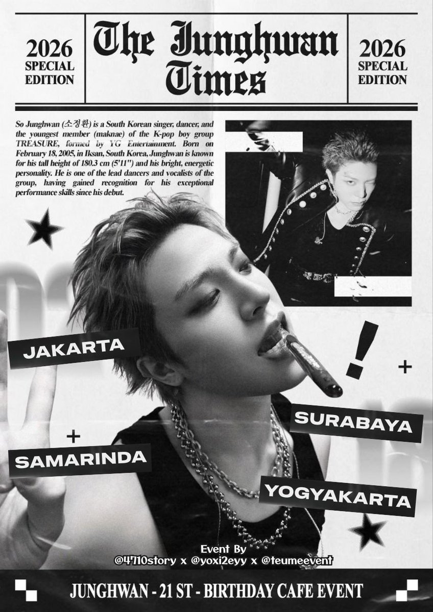 4710STORY's tweet image. 2026 SO JUNGHWAN BIRTHDAY CAFE EVENT

“𝓣𝓱𝓮 𝓙𝓾𝓷𝓰𝓱𝔀𝓪𝓷 𝓣𝓲𝓶𝓮𝓼”

Indonesia 🇮🇩→

Event will be handled by : 

Jakarta → @gak_ada_isinya 
Samarinda → @bubuy31
Surabaya → @teumeventsub
Yogyakarta → @teumeevent

 🔜 🔜 🔜 

#21TimeswithJunghwan…